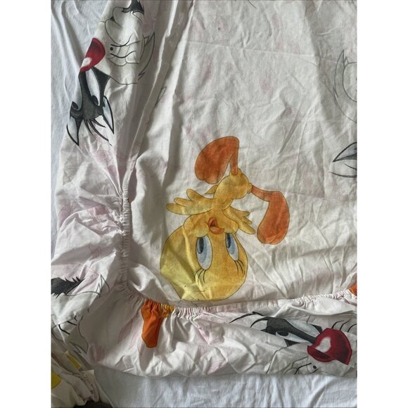 Vintage Tweety Bird & Sylvester Twin Flat Sheet Warner Bros 90s Cartoon White Pi - Picture 11 of 11